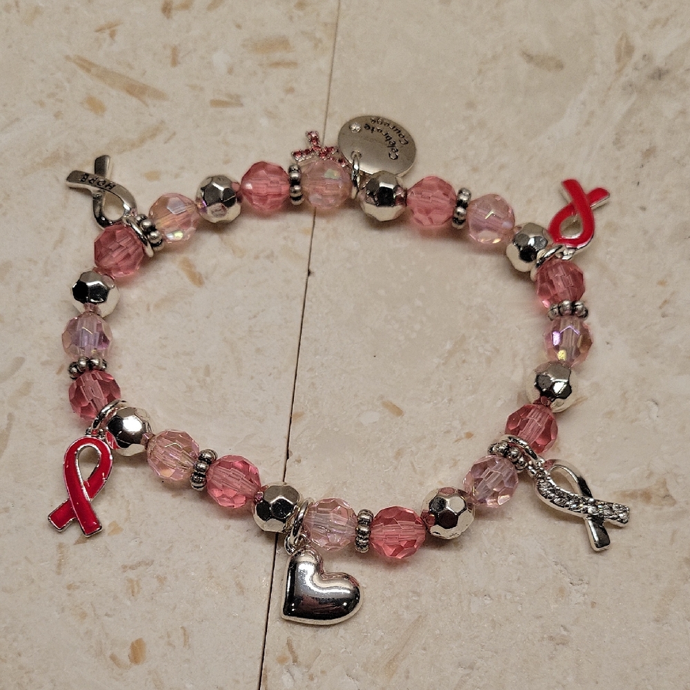 Avon Pink Hope For The Cure and Silver Tone Beaded Charm Bracelet